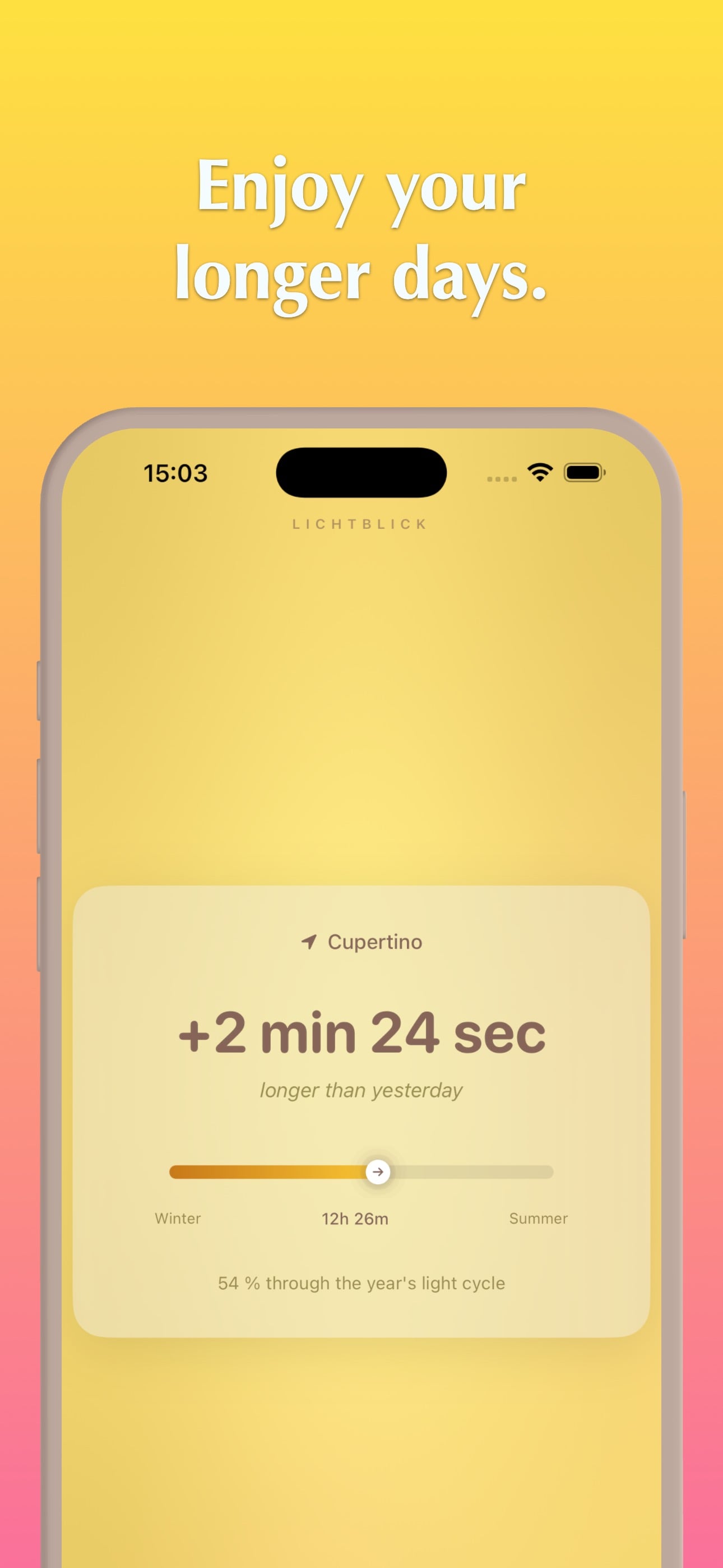 Lichtblick app showing +2 min 24 sec longer than yesterday, with seasonal gauge and warm gold theme