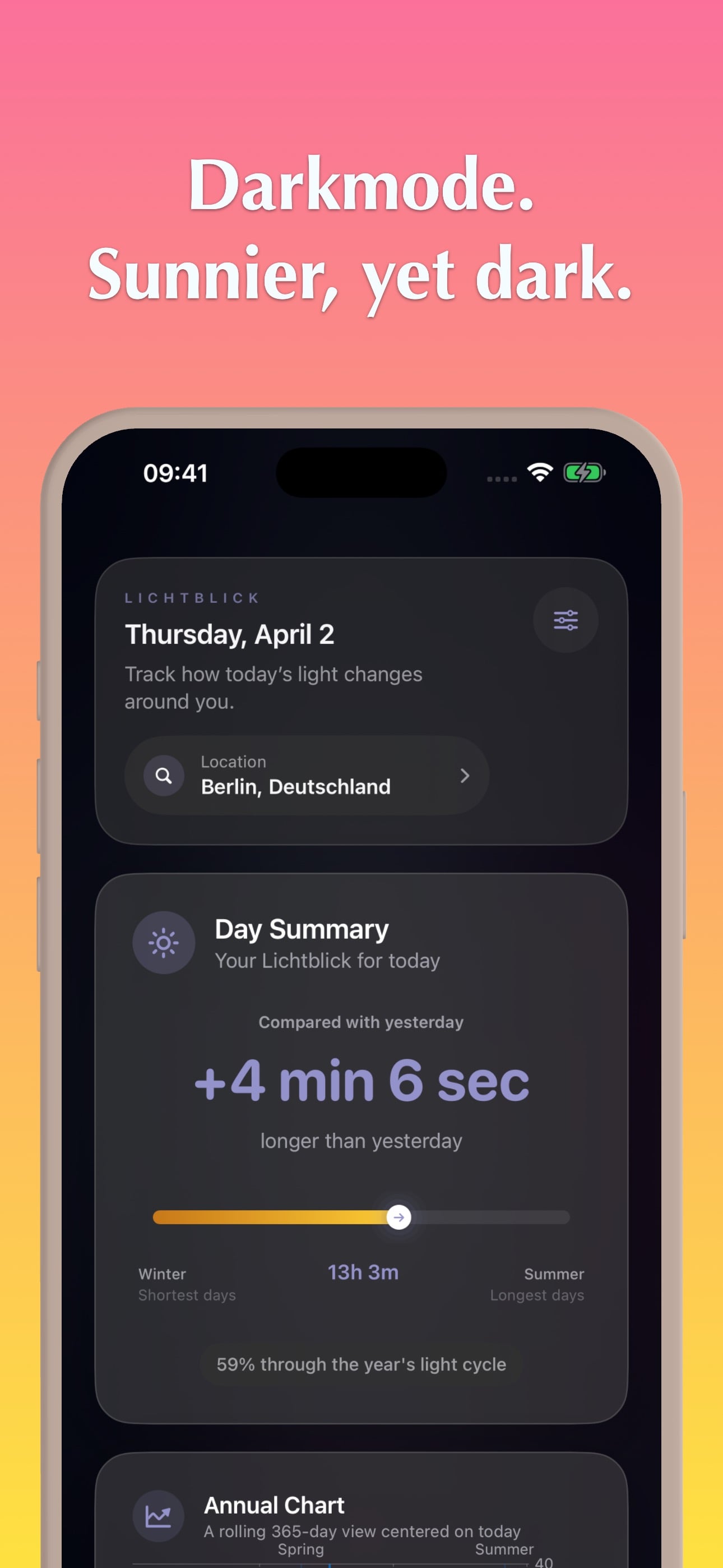 Lichtblick app in dark mode with deep tones and golden seasonal gauge